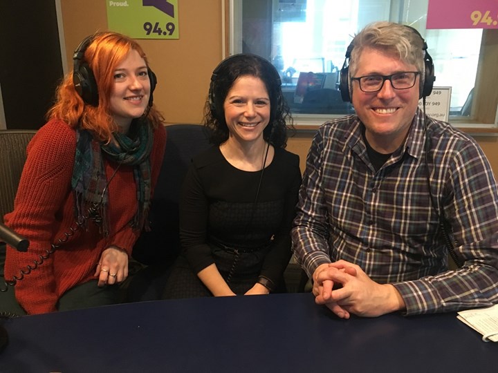 Social work student Shari, neurological physiotherapist Natalie Fini, and podcast host Chris Lassig in the recording studio